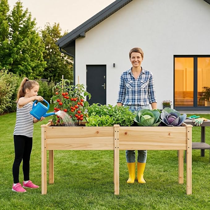 Garvee 72" x 26" Wooden Raised Garden Bed with Legs | Elevated Reinforced Planter Box for Outdoor Backyard/Patio/Balcony Vegetables, Herbs, Gardener w/Divider Panel, Natural