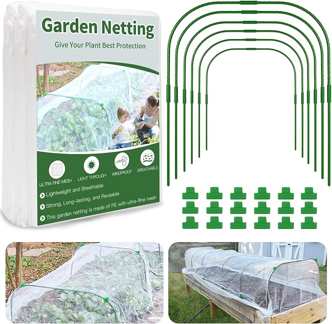 Garden Netting Kit for Raised Bed, 8X20FT Ultra Fine Mesh Netting with 6 Sets Garden Hoops & 18pcs Clips, Reusable Bird Netting for Garden Protection
