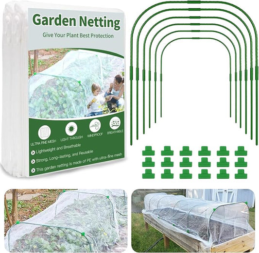 Garden Netting Kit for Raised Bed, 8X20FT Ultra Fine Mesh Netting with 6 Sets Garden Hoops & 18pcs Clips, Reusable Bird Netting for Garden Protection