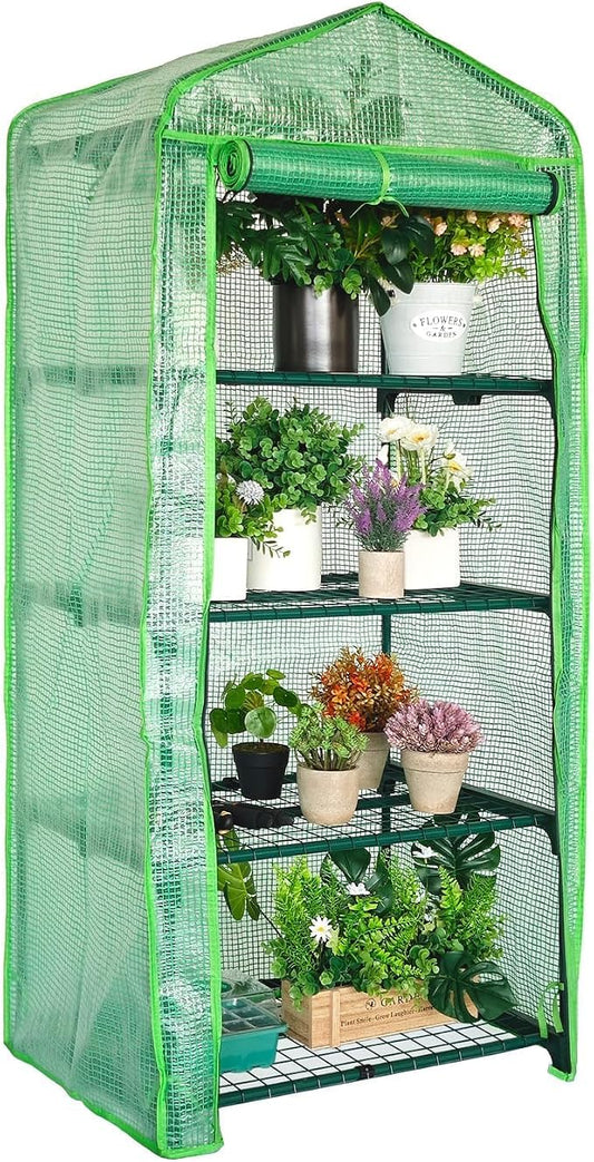 4 Tier Mini Greenhouse - Portable Indoor Outdoor Green House with 24lbs Per Shelf, Durable PE Cover & Tool-Free Assembly for Garden Balcony Patio Backyard