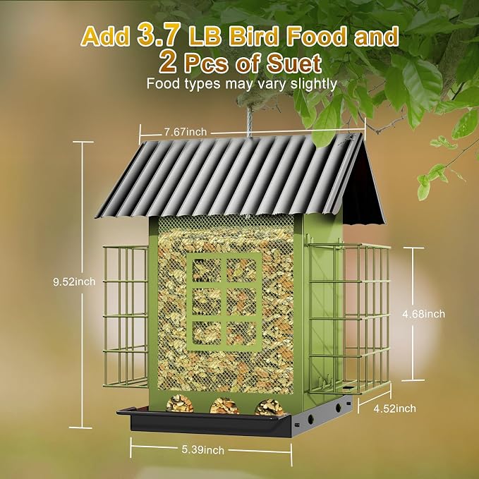FlowaFoli Bird Feeders for Outdoors Hanging, Metal Bird Feeder with Double Suet Cage Cake, Large Capacity, Birdfeeders Sturdy & Weatherproof, Easy to Clean & Refill, Great for Attracting Wild Birds