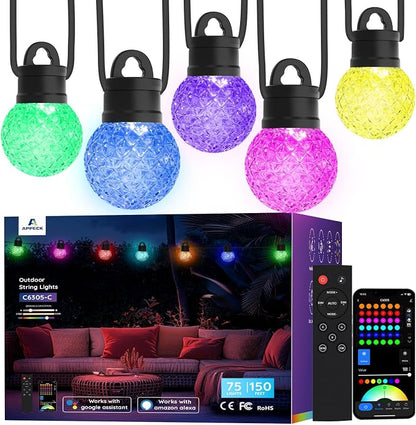 APPECK RGBW Outdoor String Lights 100ft for Patio, with 50 LED Bulbs | IP65 Waterproof, 111 Scene Modes, Dimmable Warm White, Individual Control, Music Sync, Compatible with Alexa & Google