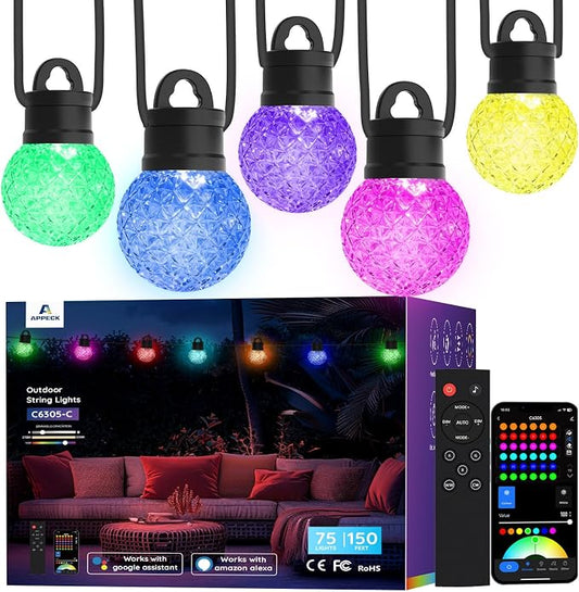 APPECK RGBW Outdoor String Lights 100ft for Patio, with 50 LED Bulbs | IP65 Waterproof, 111 Scene Modes, Dimmable Warm White, Individual Control, Music Sync, Compatible with Alexa & Google