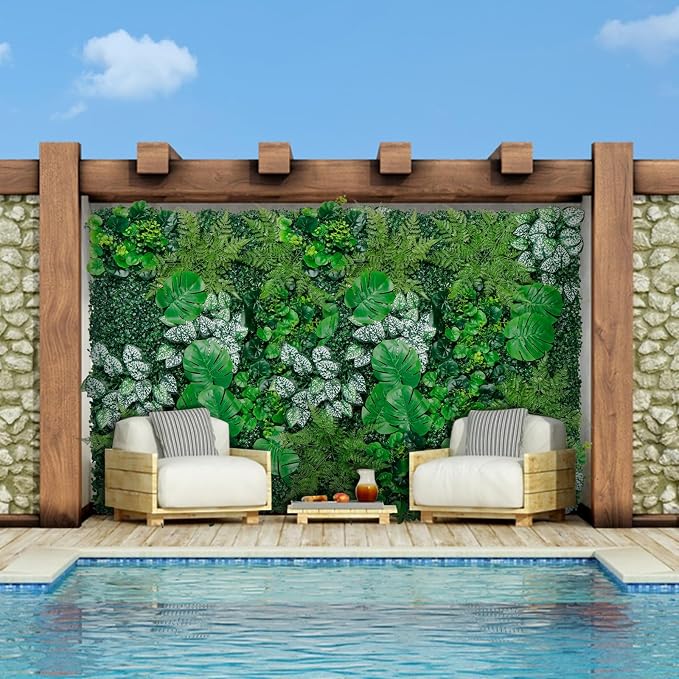 Grooy Artificial Boxwood Panels, 40"x120"(33.33 SQFT) Grass Wall Panels with Monstera Leaves,Privacy Hedge Fence Screen with UV Protection,Fake Greenery Backdrop for Indoor Wedding
