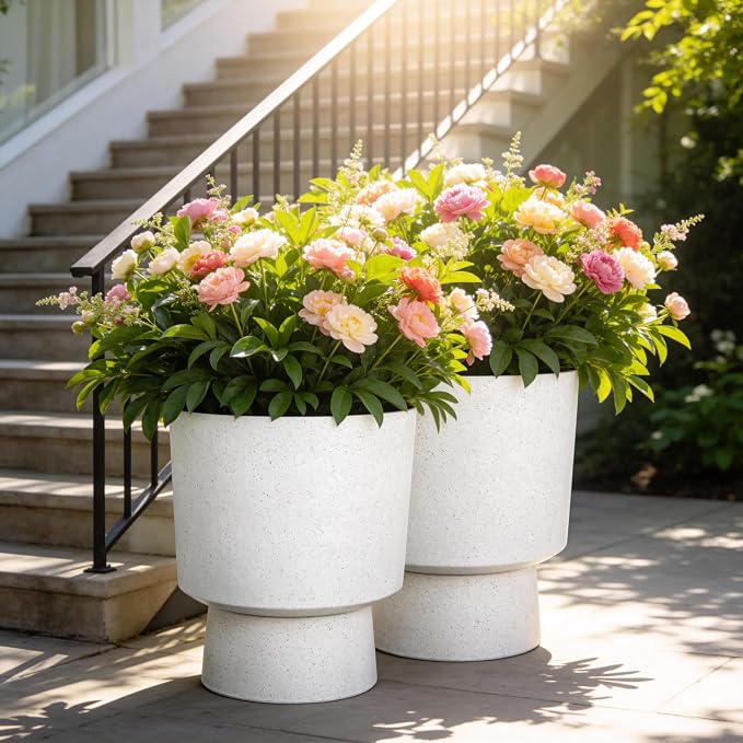 2-Pack 16.75" White Terrazzo Urn Planters with Detachable Bases | Set of 2 PP urn planters with white terrazzo finish, detachable bases, drainage plugs, and UV-treated surface for porch