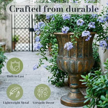 Worth Garden 24.5" H. Metal Urn Planters 1-Pack - Bronze Classic Antique Iron Plant Pots - Large Decorative Rustic Flower Pots for Outdoor Use - Traditional Urn Planter for Patio, Front Porch