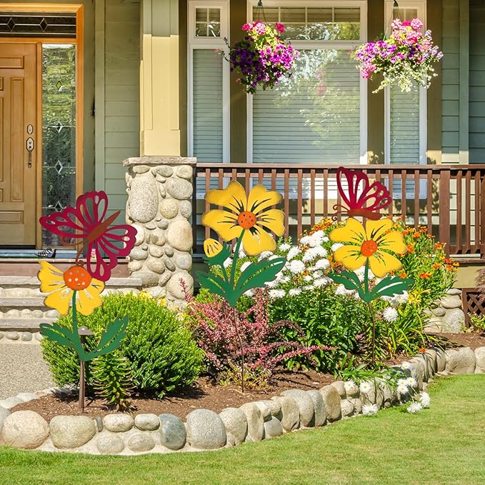 3 Pack Butterfly&Flower Metal Flowers for Outside & Decorative Garden Stakes - Metal Yard Art Outdoor and Garden with Rustproof Design | Spring Lawn Ornaments for Porch,Backyard，Patio