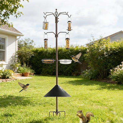 Bird Feeder Station Kit - Wild Bird Feeder Pole with Multi Feeder, Suet Cage, Planter Hanger with Squirrel Guard Baffle for Attracting Birds
