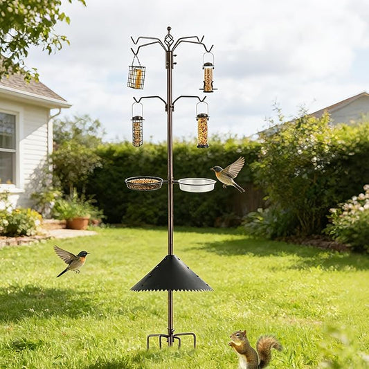 Bird Feeder Station Kit - Wild Bird Feeder Pole with Multi Feeder, Suet Cage, Planter Hanger with Squirrel Guard Baffle for Attracting Birds