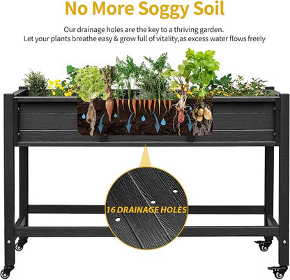 DWVO 47x18x31in Raised Garden Bed HDPE, Weather-Resistant Poly Wood Planter Box Stand, Planter Box with Legs & Lockable Wheels, Elevated Garden Bed for Backyard Patio Balcony - Black