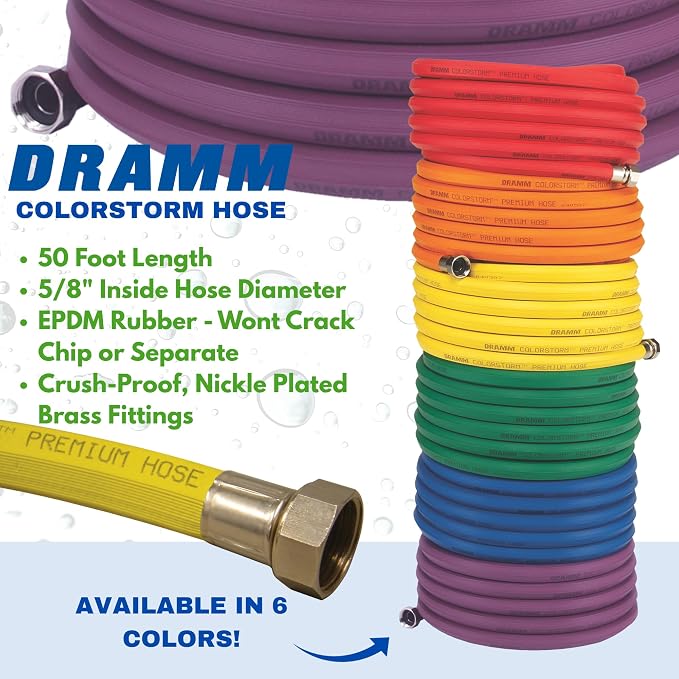 Dramm ColorStorm Premium Rubber Garden Hose – 50 ft Heavy Duty 5/8" Water Hose – Kink Resistant, Crush-Proof Nickel-Plated Couplings – Made in USA - Green