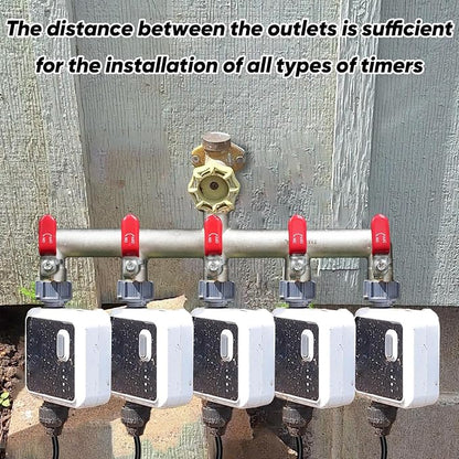 5 Way Garden Hose Splitter, Heavy Duty Brass Nickel Plated Rust Resistant Faucet Manifold, 3/4" Frost Resistant Outdoor Hose Adapter Connector，Hose Spigot Adapter with 5 large red handles