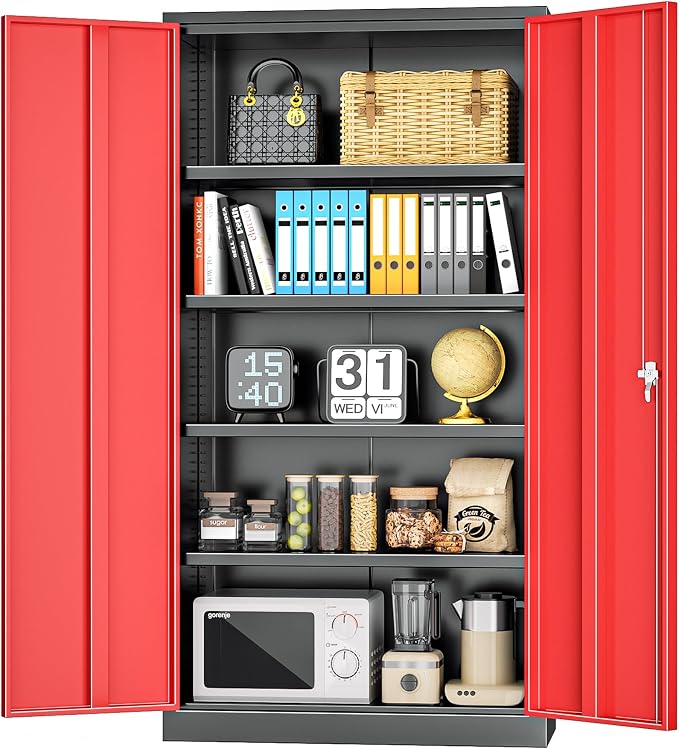 INTERGREAT Metal Storage Cabinet with Doors, 72" Locking Steel Storage Cabinet with Shelves, Tall Metal Cabinet Lockable Steel Cabinets for Home Office, Garage,(Black+Red)