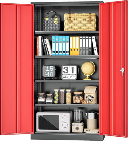 INTERGREAT Metal Storage Cabinet with Doors, 72" Locking Steel Storage Cabinet with Shelves, Tall Metal Cabinet Lockable Steel Cabinets for Home Office, Garage,(Black+Red)
