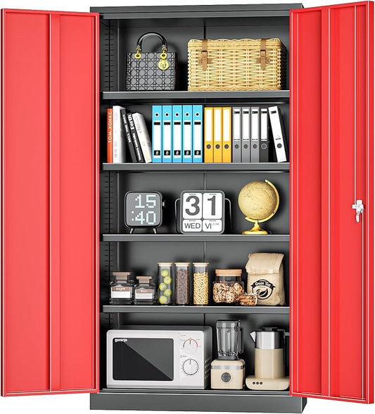 INTERGREAT Metal Storage Cabinet with Doors, 72" Locking Steel Storage Cabinet with Shelves, Tall Metal Cabinet Lockable Steel Cabinets for Home Office, Garage,(Black+Red)