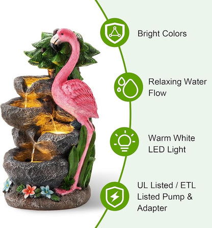 Glitzhome Outdoor Water Fountain, 4-Tiered Flamingo Outdoor Fountain with Lights, 23.5" H Polyresin Decorative Waterfall Feature Garden Fountain with Pump for Garden, Patio, Yard, Deck, Porch Decor