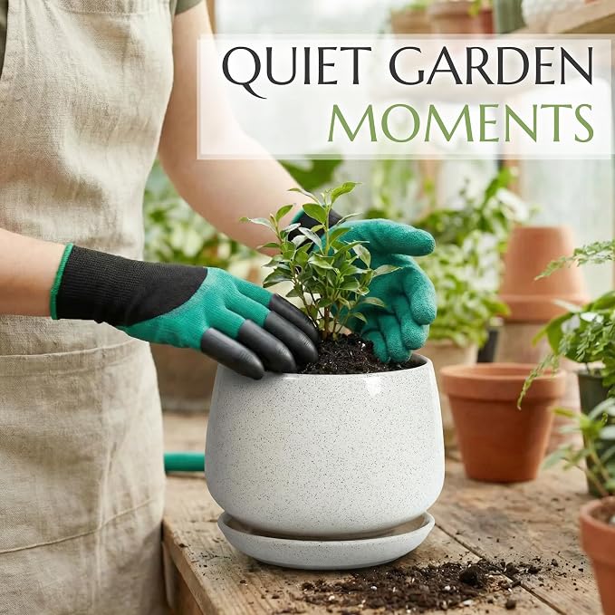 7.5 Inch Flower pots for Indoor Outdoor Plants with Saucer Drainage Leak-Proof Mesh, Ceramic Planter with Gardening Gloves for Succulent and Flower(Matte White)