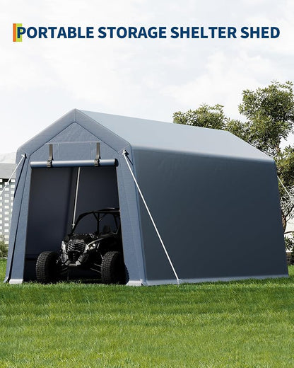 7x15 ft Outdoor Storage Shed, Portable Carport with Roll-up Ventilated Zipper Door and Windows, Heavy Duty Waterproof Tarp, Storage Sheds for Motorcycle, Bike, Firewood, Garden Tools