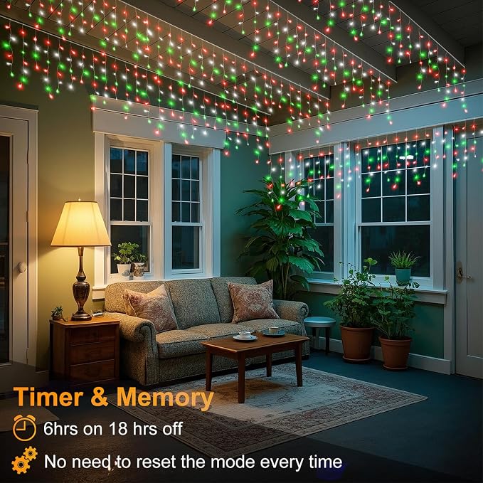 66ft Icicle Lights for Outside, Red White and Green Christmas Lights Outdoor Indoor, 640 LED Twinkle String Light with 120 Drops, Clear Wire Connectable Timer for Thanksgiving Room Home Wall Bedroom