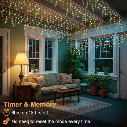 66ft Icicle Lights for Outside, Red White and Green Christmas Lights Outdoor Indoor, 640 LED Twinkle String Light with 120 Drops, Clear Wire Connectable Timer for Thanksgiving Room Home Wall Bedroom