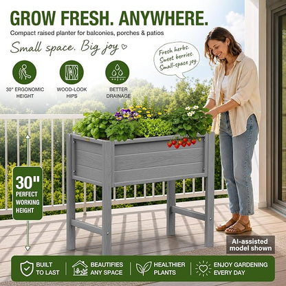 YEFU 34" Small Garden Planter, Wood-Look HIPS Compact Planter Box, Grey | Small Garden Planter for Balconies, Patios & Porches, Wood-Look HIPS, 30" Height, Drainage, 385 lbs Support for Herbs