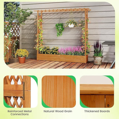 Giantex Raised Garden Bed with Trellis & Hanging Roof, 77" Wooden Elevated Planter Box w/Drainage Holes, Freestanding Garden Planter for Climbing Plants Vegetable Herb Flower, Patio Backyard Garden