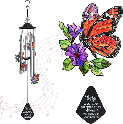 YU FENG Butterfly Memorial Wind Chime, Crystal Suncatcher Outdoor Decor | 34 Inch Metal Wind Chime, Butterfly Design, Sympathy Bereavement Gift, Garden Yard Patio Hanging Decoration