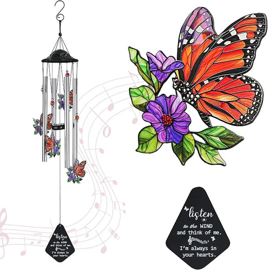 YU FENG Butterfly Memorial Wind Chime, Crystal Suncatcher Outdoor Decor | 34 Inch Metal Wind Chime, Butterfly Design, Sympathy Bereavement Gift, Garden Yard Patio Hanging Decoration