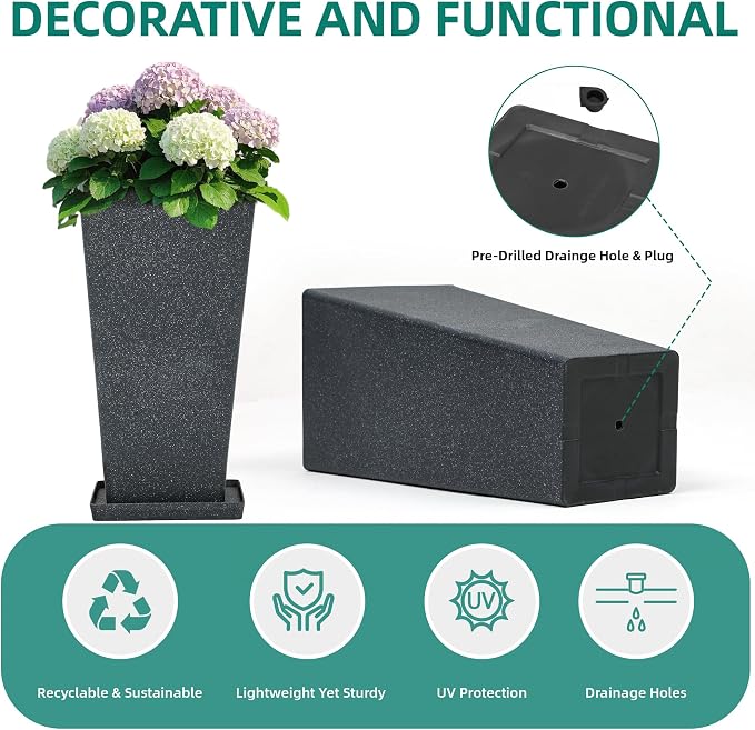 Autodaya 28" Tall Planters Set of 2 Black Terrazzo Plastic Flower Pots | Large Weather-Resistant Planters for Patio, Porch, Garden, Front Door, Indoor Spaces, and Christmas Decor