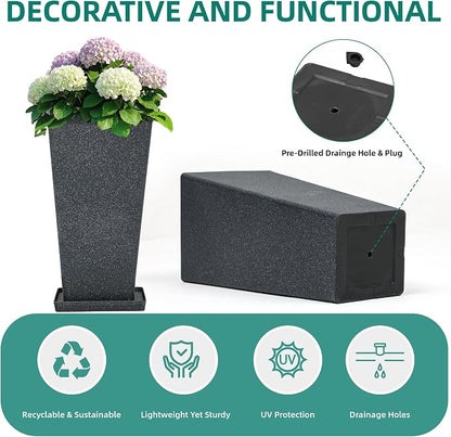 Autodaya 28" Tall Planters Set of 2 Black Terrazzo Plastic Flower Pots | Large Weather-Resistant Planters for Patio, Porch, Garden, Front Door, Indoor Spaces, and Christmas Decor