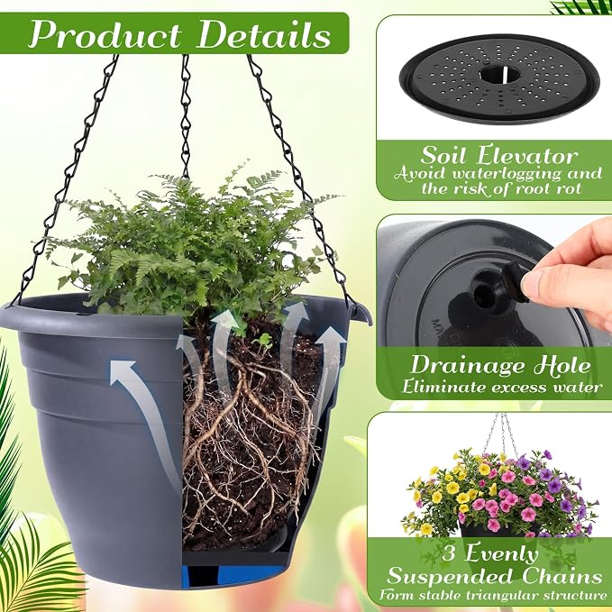 20 Pack 10 Inch Plastic Hanging Planter Bulk Gray Hanging Baskets for Plants with Drainage Trays Self Watering Plant Pot Outdoor Indoor Planter for Garden, Balcony, Porch, Patio Decor