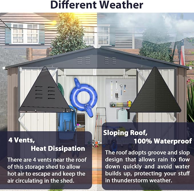 YOPTO 10 x 10 FT Outdoor Storage Shed,Heavy Duty Tool Sheds Metal Storage Garden Shed with Sloped Roof and Lockable Doors,Large Metal Storage Sheds for Backyard Patio Lawn, Brow