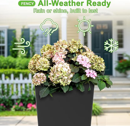 FENCY Set of 2 Tall Planters for Outdoor Plants, Black | 24 Inch Plant Pots with Drainage Hole & Trays, Plastic Tapered Flower Pots for Plants, Weather-Resistant