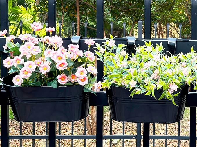 12" Balcony Railing Planters, Outdoor Hanging Planter for Fence, Stylish Metal Porch Deck Flower Pot for Herbs & Succulents (Black, Pack of 8)