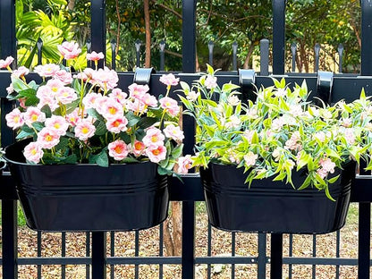12" Balcony Railing Planters, Outdoor Hanging Planter for Fence, Stylish Metal Porch Deck Flower Pot for Herbs & Succulents (Black, Pack of 2)