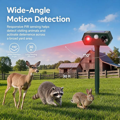 Solar Ultrasonic Animal Repeller with Red&Blue Light for Gardens, Farms and Courtyards, Outdoor Sonic Fortress Pro Deterrent for Deer, Raccoons, Squirrels, Cats, Rabbits, Skunks, Foxes & More(4Pack)