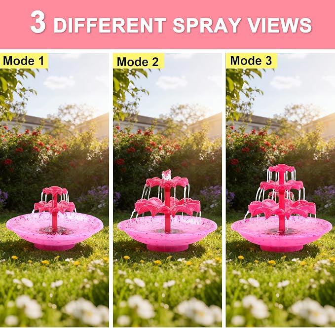 Yeomi Red 3-Tier Solar Fountain Pump with LED Lights, 24H Outdoor Water Feature, Detachable Design, Multi-Function Bird Bath Fountain for Garden Patio Yard Backyard Pond, 3.5W