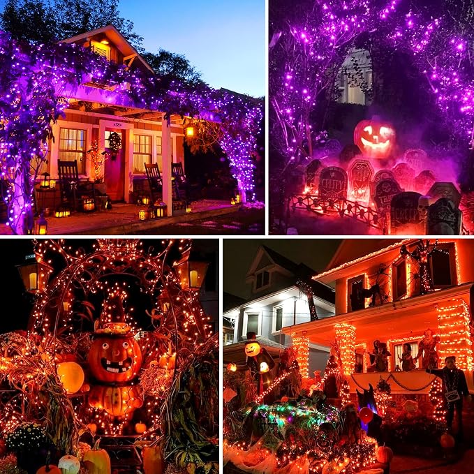 JMEXSUSS 2 Pack Solar String Lights Outdoor Waterproof, Total 400 LED 151FT Solar Christmas Lights Outdoor, 8 Modes Christmas Light for Outside Patio Yard Tree Decorations, Purple to Orange