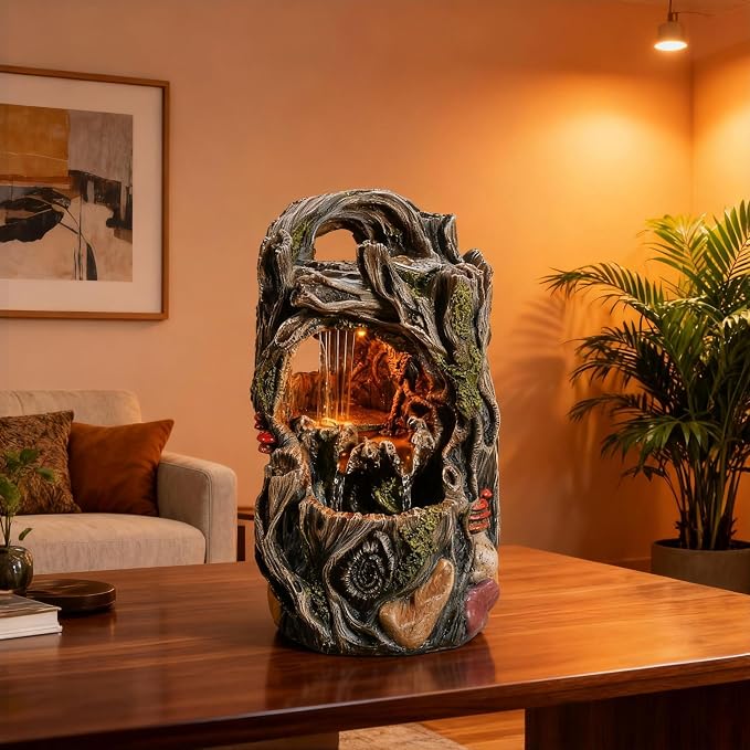 MAOCHI Tabletop Water Fountain, Home Décor Soothing Sound Machine with Automatic Pump, Nature Tree Stump Resin and for Indoor Zen Relaxation for Office, Living Room, or Bedroom Décor