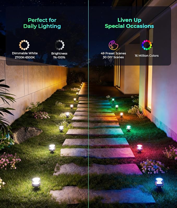 DeckTok Outdoor Ground Lights, 50ft Smart RGBCW LED Pathway Lights Work with Alexa, Google Assistant, 15 Pack IP67 Waterproof Landscape Lighting for Path Yard Lawn Patio Pool Fence and Party Decor