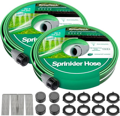 2 Pack 50FT Three-Tube Flat Sprinkler Hose with Holes with U-Shaped Stakes | Heavy Duty Soaker Hose for Garden, Dual Mode Sprinkler Hoses for Lawn, Flexible Irrigation Hose for Yard, Linkable Drip Hose