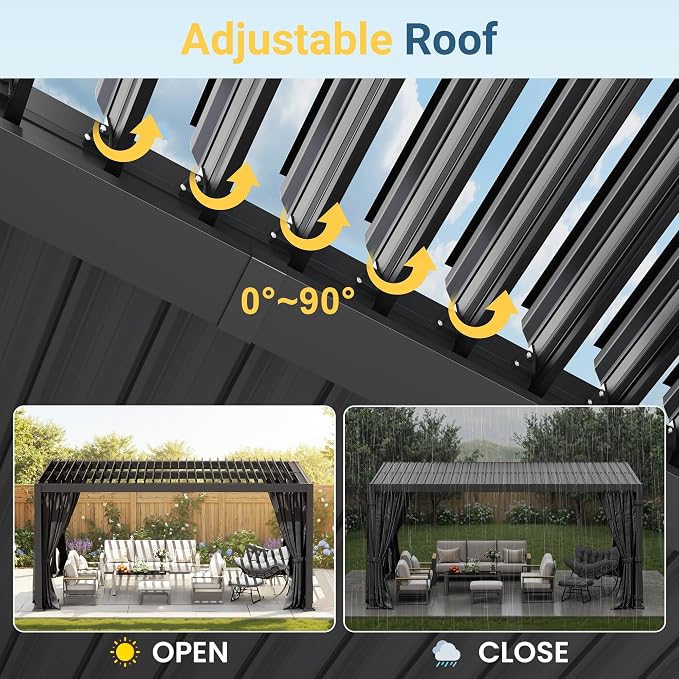12' x 16' Louvered Pergola, Aluminum Frame Outdoor Pergola with Adjustable Louvered Roof, Curtains & Netting, Gutter System, Hardtop Patio Gazebo for Patio, Deck, Garden, Yard, Dark Gray