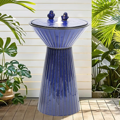AUTODAYA 28" Ceramic Outdoor Water Fountain LED Birdbath, Cobalt Blue | reactive glaze finish, bird accents, patio garden porch Backyard