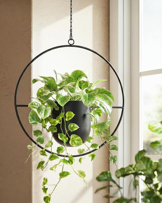 Bamworld Black Hanging Planters for Indoor Outdoor Plants Metal Hanging Pots for Plants 5.5 Inch Modern Hanging Basket Window Plant Hanger Ceiling Hanging Flower Pot with Chain for Wall Decor (Round)