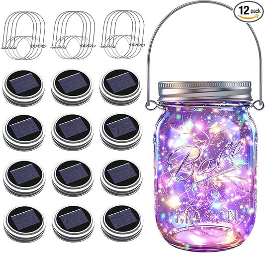 Solar Mason Jar Lights, 12 Pack 30 LED Firefly Fairy String Lights, Waterproof Outdoor Solar Mason Jar Lid Lights with Hangers(NO Jars) for Patio Garden Yard Wedding Decoration - Multicolor
