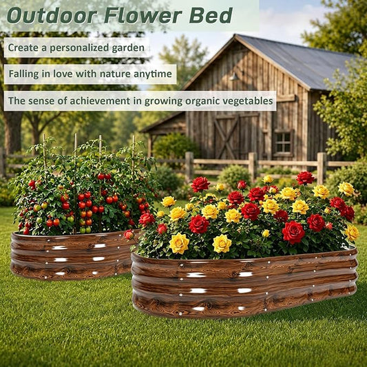 2 Pack 4x2x1 FT Galvanized Raised Garden Bed Kit, 12-Inch Deep Oval Metal Planter Boxes, Rust-Resistant Deep Root Planters for Outdoor Vegetables, Flowers, Herbs, Strawberry, tomatoes, Wood Grain
