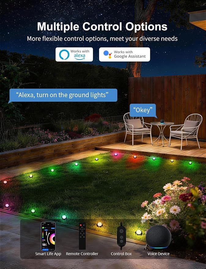 APPECK Outdoor Ground Lights 15 Pack, 32FT RGBCW Color Changing Pathway Lights Waterproof, 2200-6500K CCT Landscape Lighting, for Path Garden Lawn Patio Holiday Party Decor, Compatible with Alexa