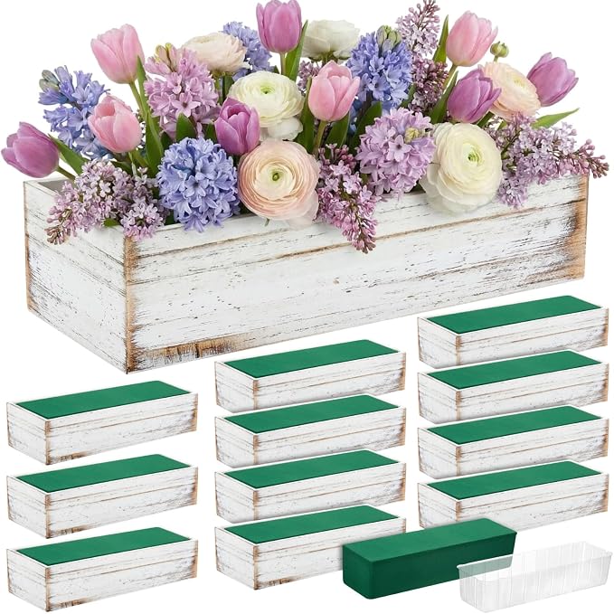 Dandat 12 Set Wood Boxes for Centerpieces 12x4 Inch Rectangle Wooden Planter Box Rustic Wooden Planters with Removable Plastic Liner Floral Foam Blocks for Christmas Wedding Home Garden Decor(White)