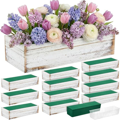 Dandat 12 Set Wood Boxes for Centerpieces 12x4 Inch Rectangle Wooden Planter Box Rustic Wooden Planters with Removable Plastic Liner Floral Foam Blocks for Christmas Wedding Home Garden Decor(White)