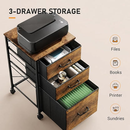 DEVAISE Mobile File Cabinet, Rolling Printer Stand with 3 Drawers, Fabric Vertical Filing Cabinet fits A4 or Letter Size for Home Office, Rustic Brown Wood Grain Print